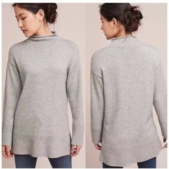 Anthropologie Moth Saskia Rolled Neck Tunic Sweater, Light Grey, Size Large - Picture 1 of 14